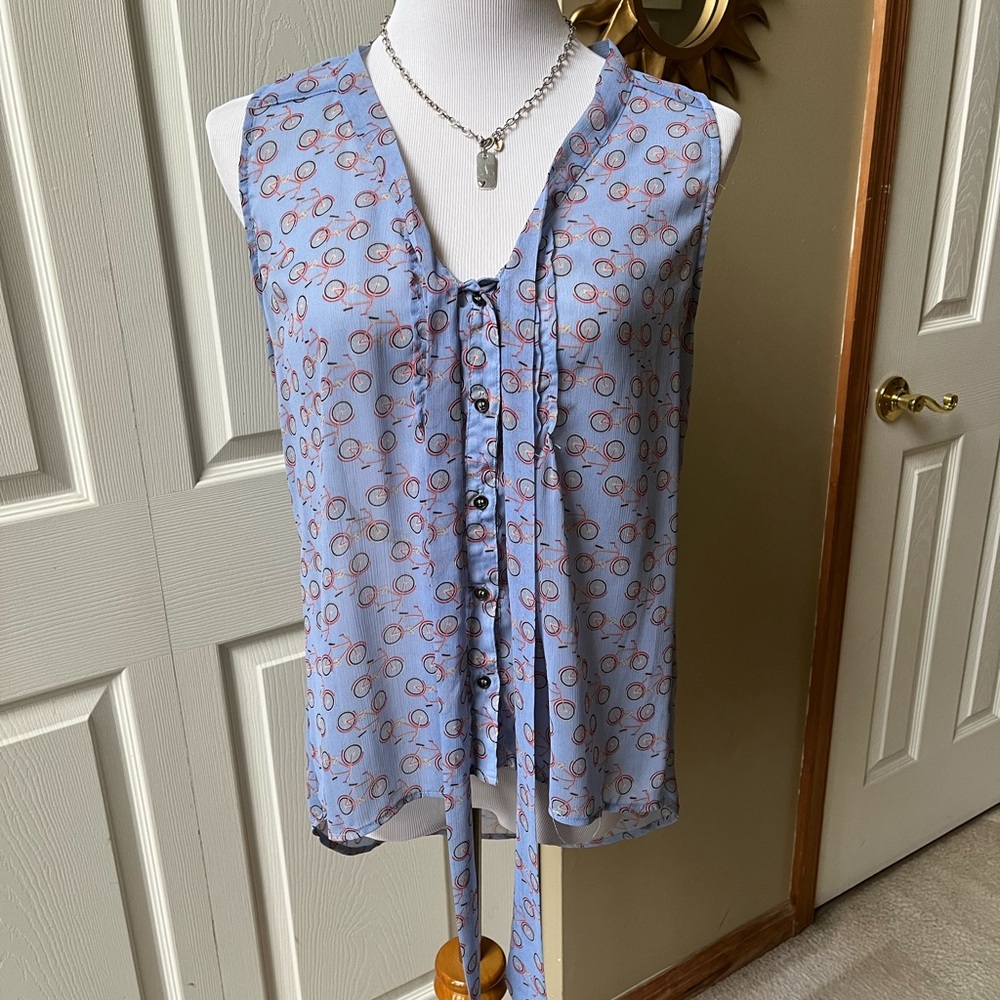 Xhilaration Blue Tie Front Blouse with Mandarin Collar